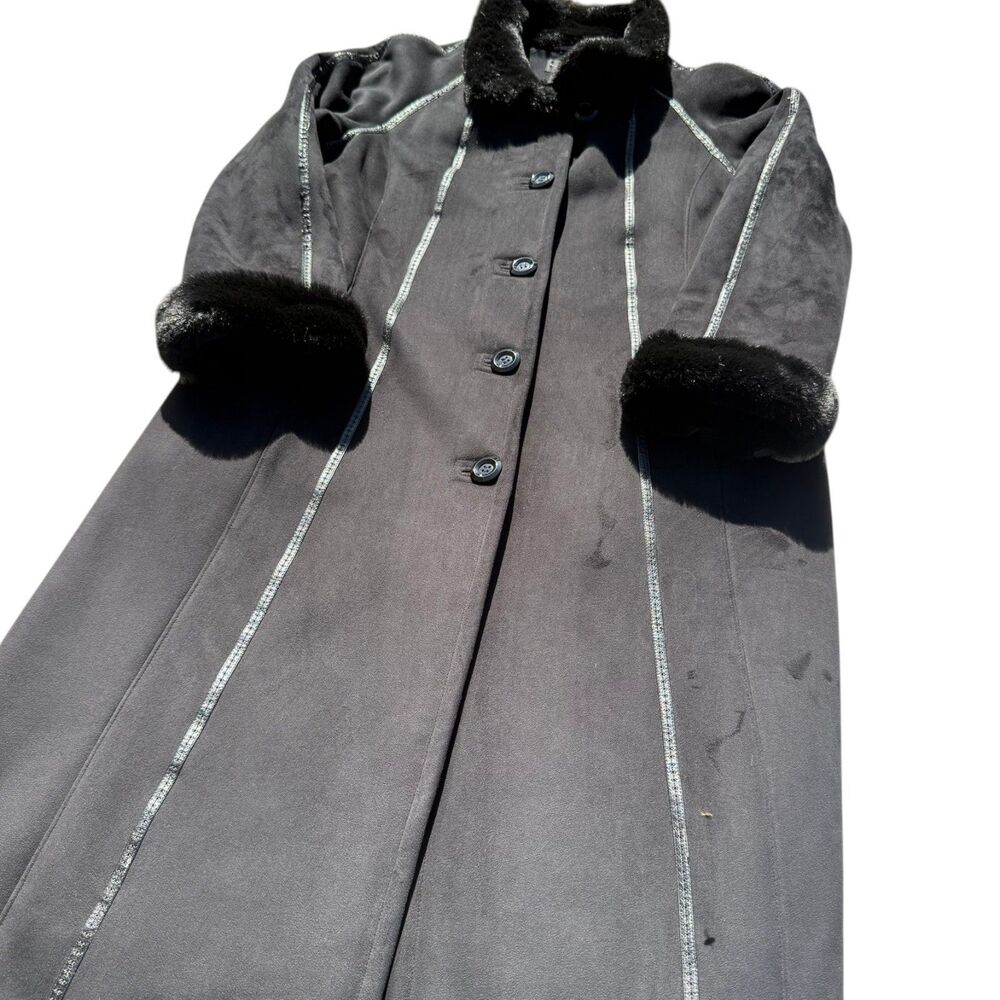 Gallery Women’s Black Faux Suede Faux Fur Trim Maxi Coat Size Large Full Length